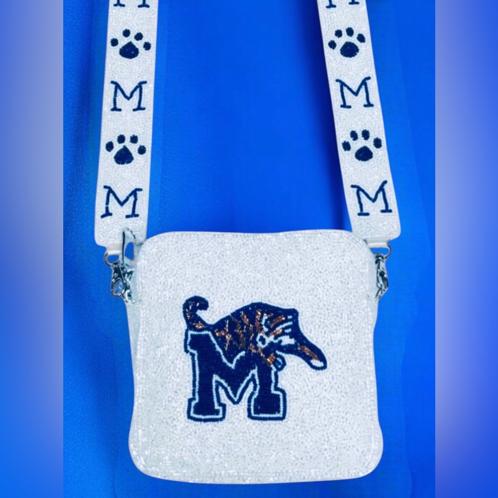 Memphis Tigers Sequin White Custom Made Crossbody Bag with M' & Tiger Logo